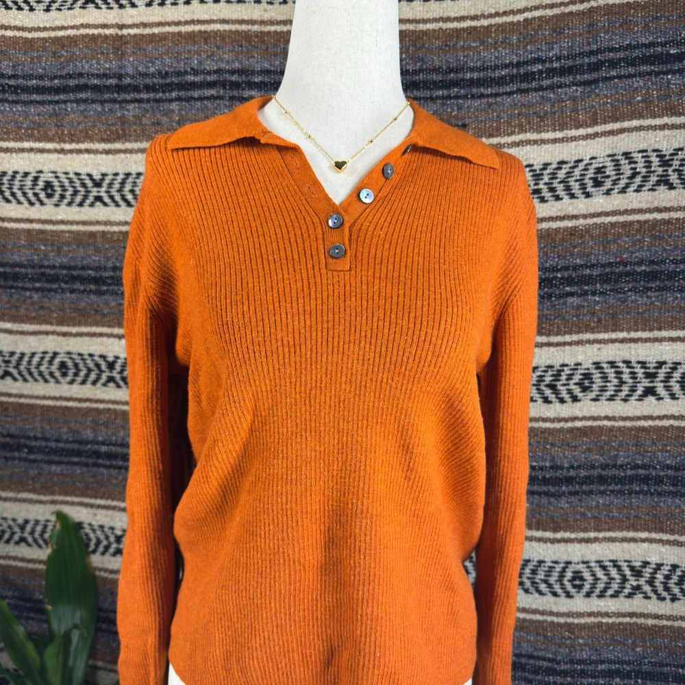 Croft & Barrow Women Orange Extra Fine Italian Merino Wool Ribbed Polo Sweater L